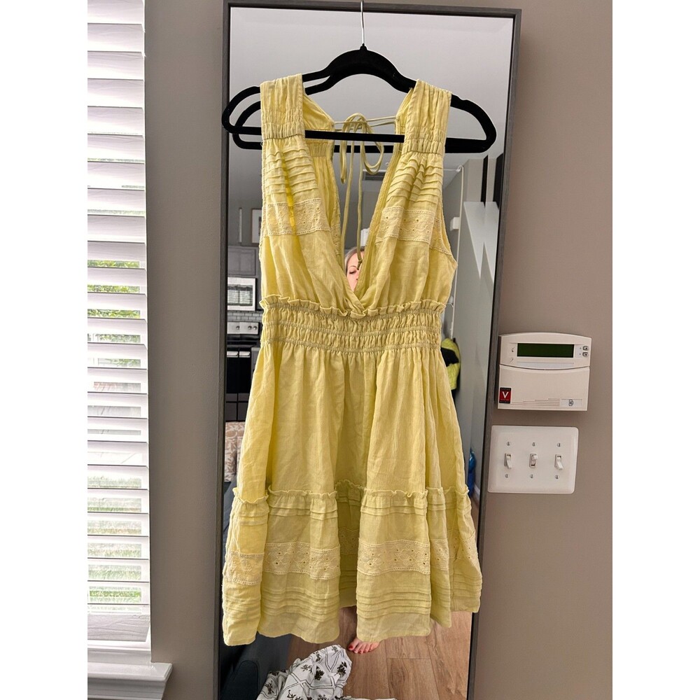 By Together NWT Lime Mini Dress M Boho Eyelet Cotton Gauze Tie Back Cottagecore